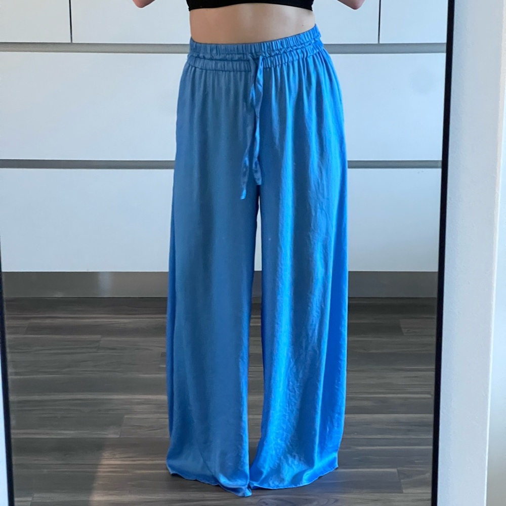 Zara Satin High Waisted Blue Stretch Pants